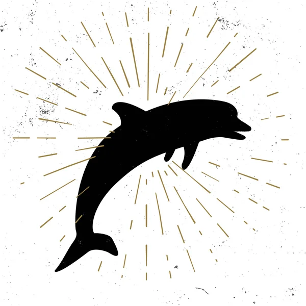 Icono vintage texturizado dibujado a mano con ilustración de vectores de delfines . — Vector de stock