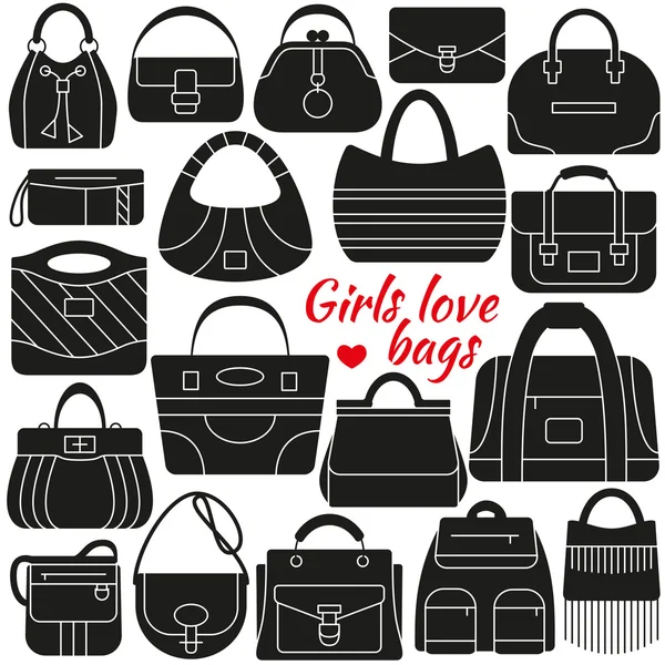 Conjunto de icono de silueta. Diferentes bolsas de mujeres. Diseño simple. Ilustración vectorial — Vector de stock