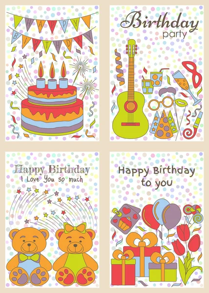 Conjunto de tarjetas de cumpleaños. Ilustración vectorial — Vector de stock