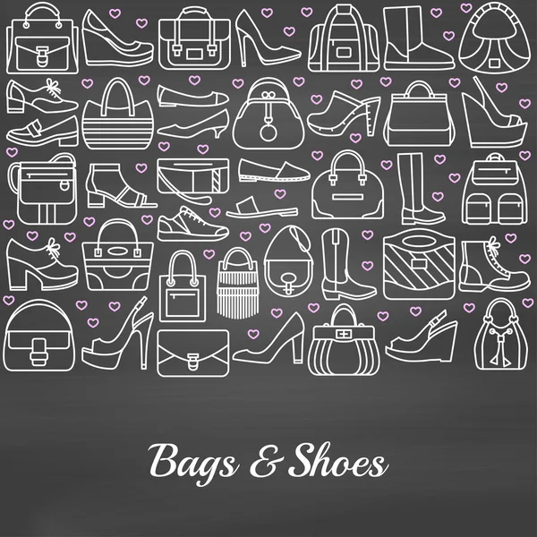 Bakgrund av linje ikoner. Väskor och skor. Svarta tavlan bakgrund. Vektor illustration — Stock vektor