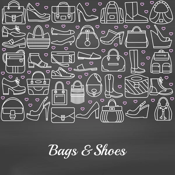 Fondo hecho de iconos de línea. Bolsas y zapatos. Fondo de pizarra. Ilustración vectorial — Vector de stock