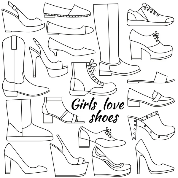 Conjunto de iconos de línea. Zapatos de mujer diferentes. Ilustración vectorial — Vector de stock