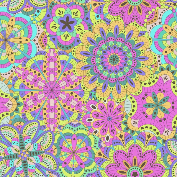 Florale achtergrond gemaakt van vele mandala's. Naadloze patroon. Vectorillustratie. — Stockvector