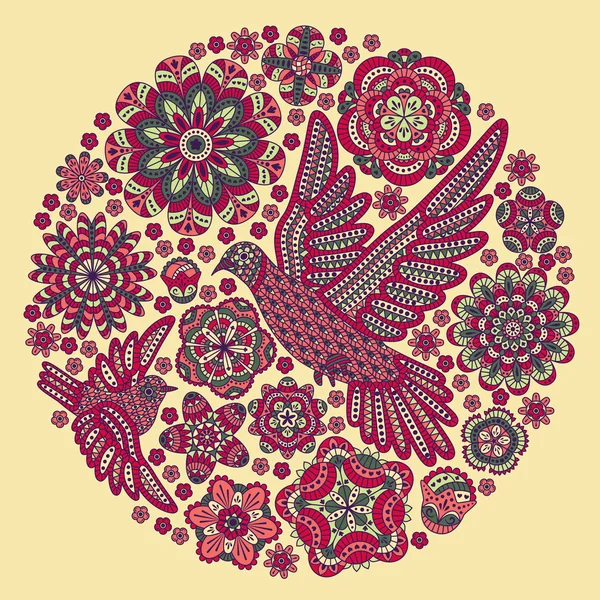 Ronde achtergrond met bloemen en vogels. Vectorillustratie — Stockvector