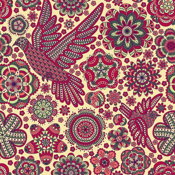 Nahtloses Muster mit kreativen Vögeln und Blumen, dekorativer floraler Hintergrund, Vektorillustration — Stockvektor