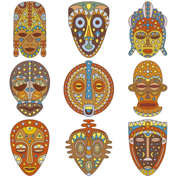 Set de iconos. Máscaras étnicas diferentes. Ilustración vectorial — Vector de stock