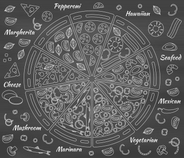 Pizza parçaları ve malzemeleri. Tahta arka plan tebeşir. Vektör çizim