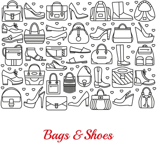 Fondo hecho de iconos de línea. Bolsas y zapatos. Ilustración vectorial — Vector de stock