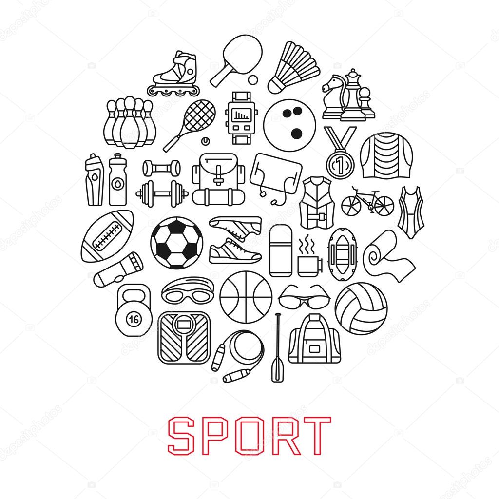 Circle made of line icons. Sport, fitness and recreation equipment. Rafting and kayaking. Simple