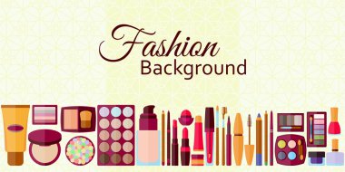 Moda geçmişi. Düz simgeler koleksiyonu. Dudaklar, cilt, gözler, tırnaklar, kaşlar ve güzellik için dekoratif kozmetik. Makyaj ayarlayın. Arkada çiçekler ve kelebekler olan desen. Vektör çizimi