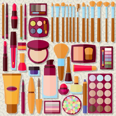 Flat icons collection. Decorative cosmetics for face, lips, skin, eyes, eyebrows and beautycase. Make up set. Vector illustration.