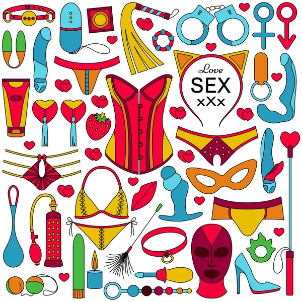 Juego de juguetes sexuales. Iconos esbozados coloridos. Ilustración vectorial . — Vector de stock