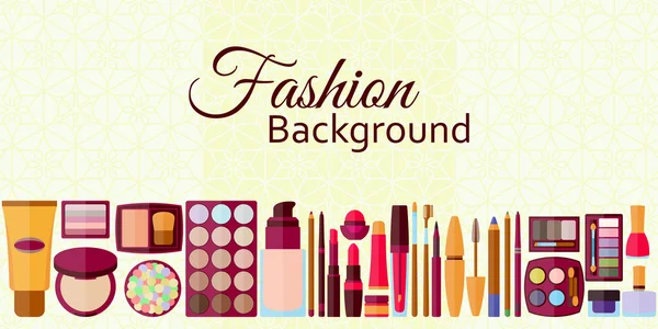 Fashion background. Flat icons collection. Decorative cosmetics for lips, skin, eyes, nails, eyebrows and beautycase. Make up set. Pattern with flowers and butterflies at the back. Vector illustration — Stock Vector
