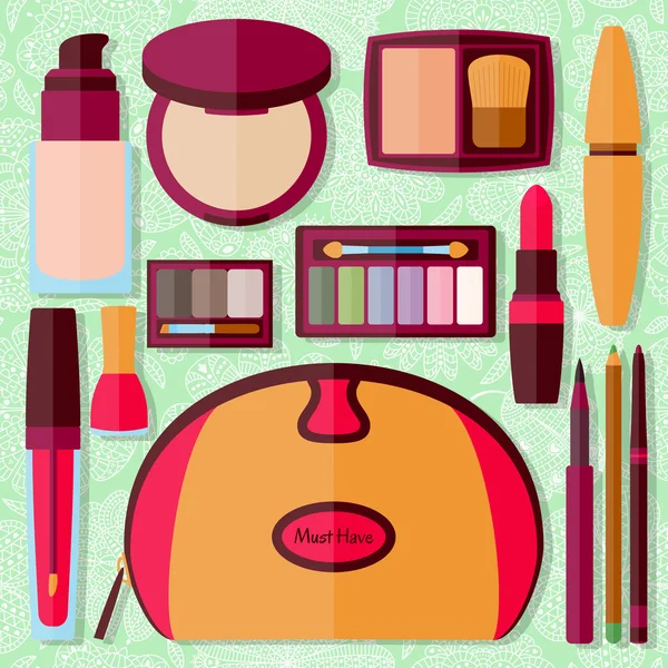 Colección de iconos planos. Cosmética decorativa para cara, labios, piel, ojos, uñas, cejas y estuche de belleza. Maquillaje listo. Ilustración vectorial . — Vector de stock