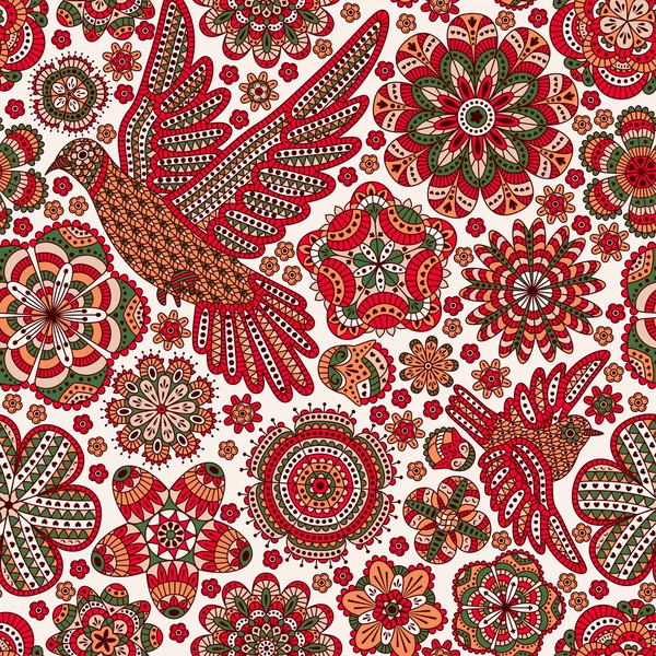 Nahtloses Muster mit kreativen Vögeln und Blumen, dekorativer floraler Hintergrund, Vektorillustration — Stockvektor