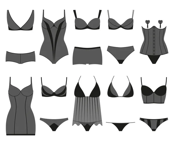 Conjunto de ícones de lingerie. Roupa interior de mulher isolada no branco. Ilustração vetorial colorida —  Vetores de Stock