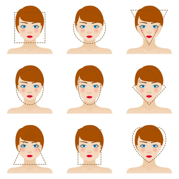 Different woman's face shapes set. Nine icons. Girls with blue eyes, red lips and brown hairs. Colorful vector illustration. Royalty Free Stock Illustrations