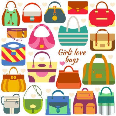 Düz simgeler kümesi. Farklı kadın çanta ve metin için yer. 