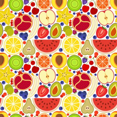 Renkli kesintisiz arka plan. Farklı meyve ve çilek. Vektör çizim. 