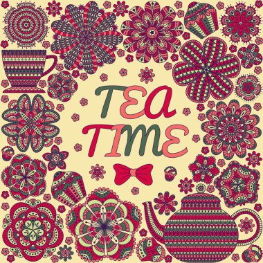 Romantik arka plan çaydanlık, Kupası, kekler, çiçekler ile. Perde ya da masa örtüsü tasarım. Vektör çizim. 