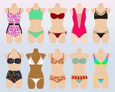 Swimsuit set. Modern and retro design for different female figures. Vector illustration. vector