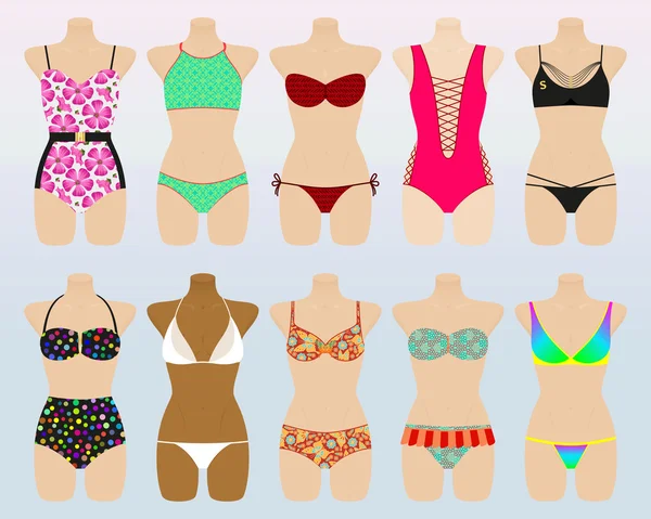 Swimsuit set. Modern and retro design for different female figures. Vector illustration. — Stock Vector