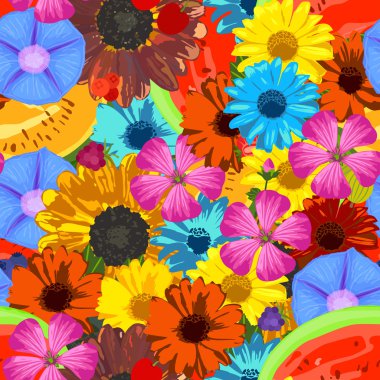 Çiçek ve meyve ile dikişsiz arka plan. Vektör çizimi.