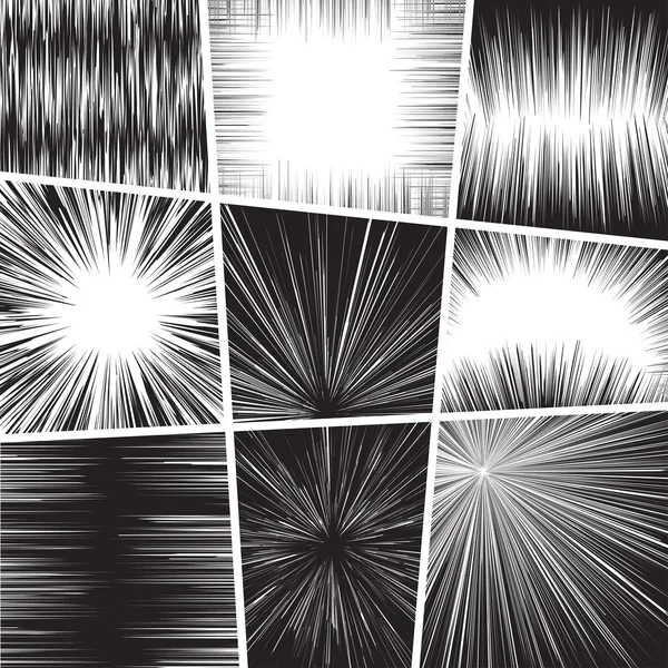 Juego de cómics marco líneas radiales en blanco y negro — Vector de stock