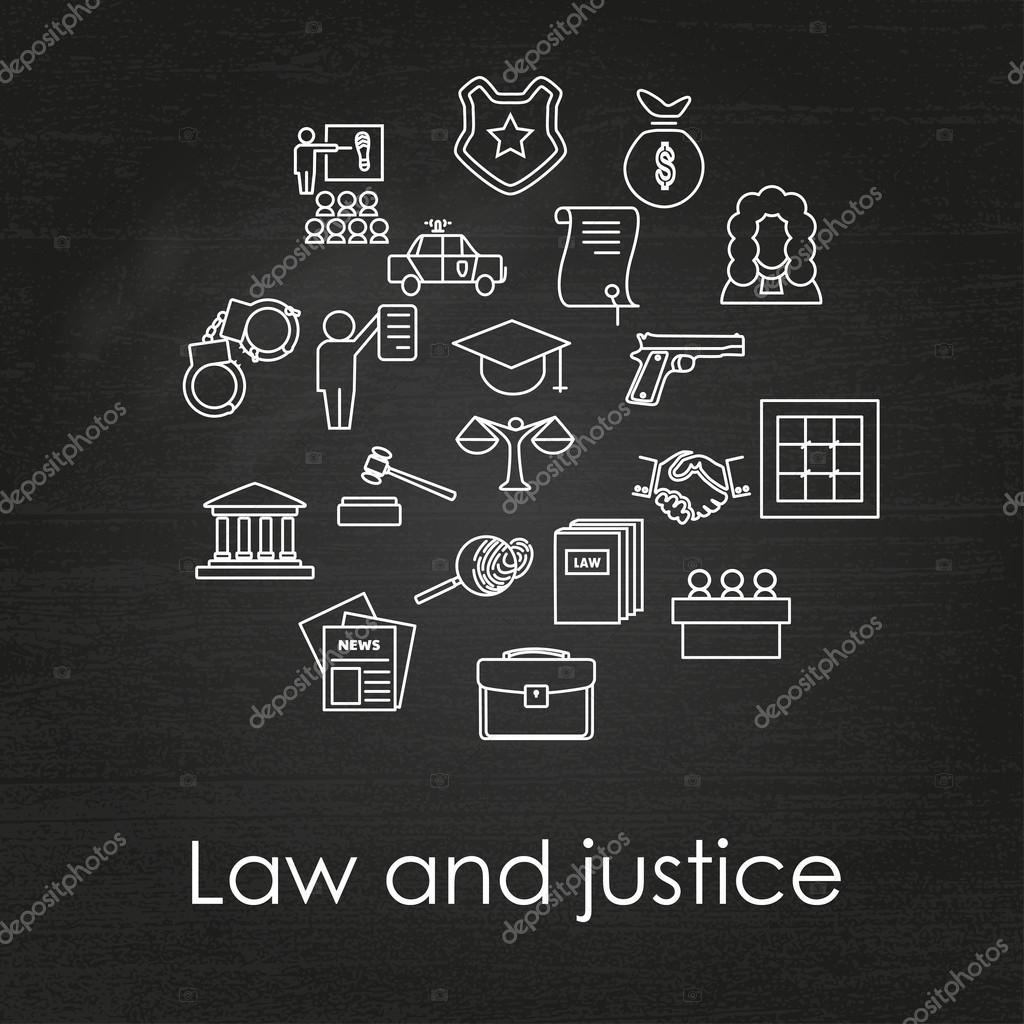 Set of black and white law and justice linear icons on chalkboard background , The legal system, judge, police and lawyer,vector illustration