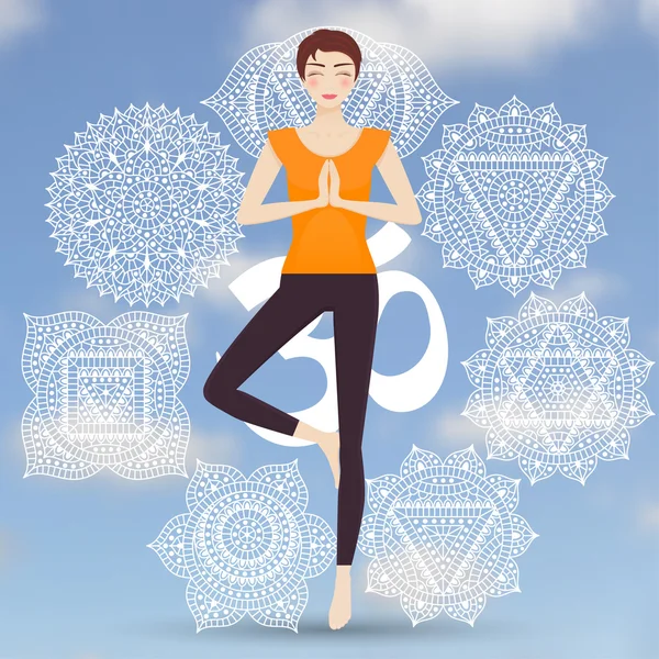 Attraente giovane ragazza che pratica albero posa yoga. Pittogrammi di chakra sul retro. Illustrazione vettoriale . — Vettoriale Stock