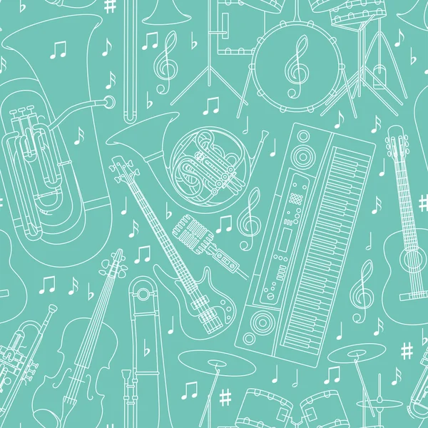 Bezszwowe tło muzyczne z różnych instrumentów muzycznych, klucz wiolinowy i notatki. Kolory niebieski i biały. Ilustracja wektorowa. — Wektor stockowy
