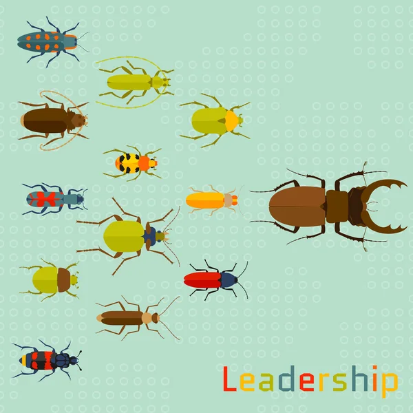 Concetto di leadership. Sfondo con molti insetti e texture in legno. Illustrazione vettoriale — Vettoriale Stock