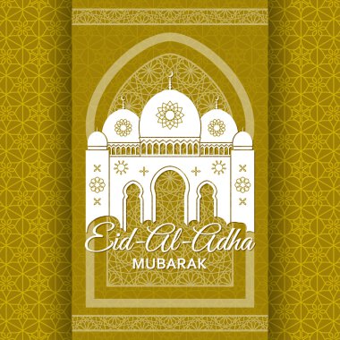 Eid Al Kurban Bayramı arka plan. Camii ve İslami Arapça pencere. Tebrik kartı. Vektör çizim.