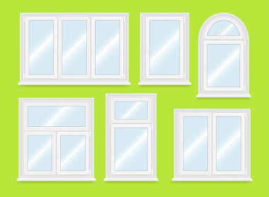 Gerçekçi beyaz plastik pencereler ayarlayın. Vektör çizim.