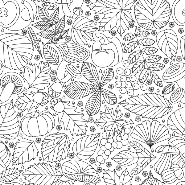 Бесшовный узор с листьями деревьев, грибами и овощами. Различные элементы дизайна. Иллюстрация вектора мультфильма. Черно-белые цвета. Осенний фон — стоковый вектор