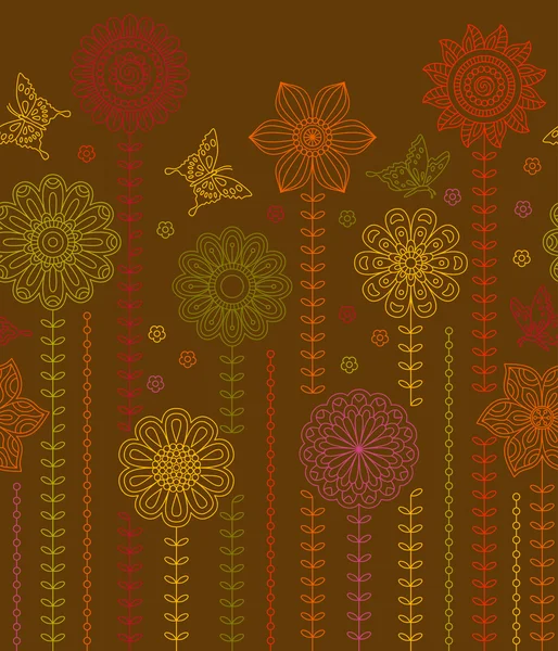 Fundo de borda floral feito de muitas flores de rabiscos e borboletas. Padrão sem costura. Ilustração vetorial . — Vetor de Stock