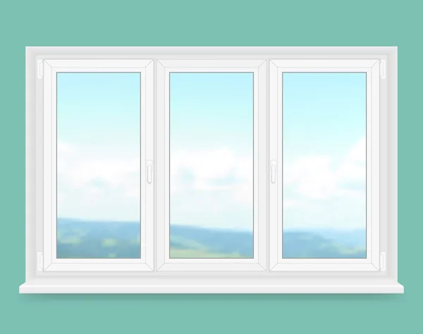 Ventana realista de plástico blanco con vista al paisaje. Ilustración vectorial . — Vector de stock