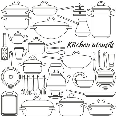 Mutfak mutfak eşyaları renkli simgeler kümesi. Vektör çizim.