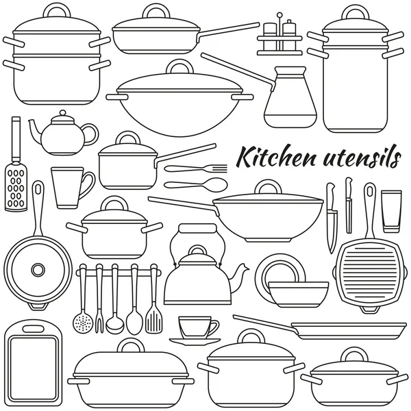 Zestaw kuchnia naczynia kolorowe ikony. Ilustracja wektorowa. — Wektor stockowy