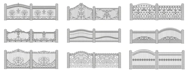 Набір кованих воріт і парканів. Лінійне проектування. Векторні контурні ілюстрації ізольовані на білому . — стоковий вектор