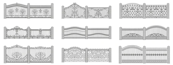 Portas e cercas forjadas. Design linear. Ilustração do contorno do vetor isolada em branco . —  Vetores de Stock