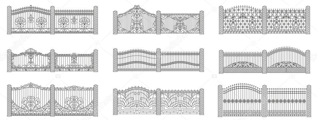 Forged gates and fences set. Linear design. Vector outline illustration isolated on white. — Stock Illustration Forged gates and fences set. Linear design. Vector outline illustration isolated on white. Vector Graphics