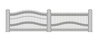 Sahte gates ve çitler ayarlayın. Doğrusal tasarım. Vektör anahat illüstrasyon izole beyaz.