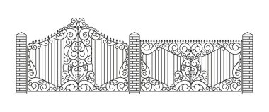 Sahte gates ve çitler ayarlayın. Doğrusal tasarım. Vektör anahat illüstrasyon izole beyaz.