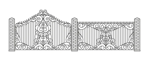 Forged gates and fences set.  Linear design. Vector outline illustration isolated on white. — Stock Vector