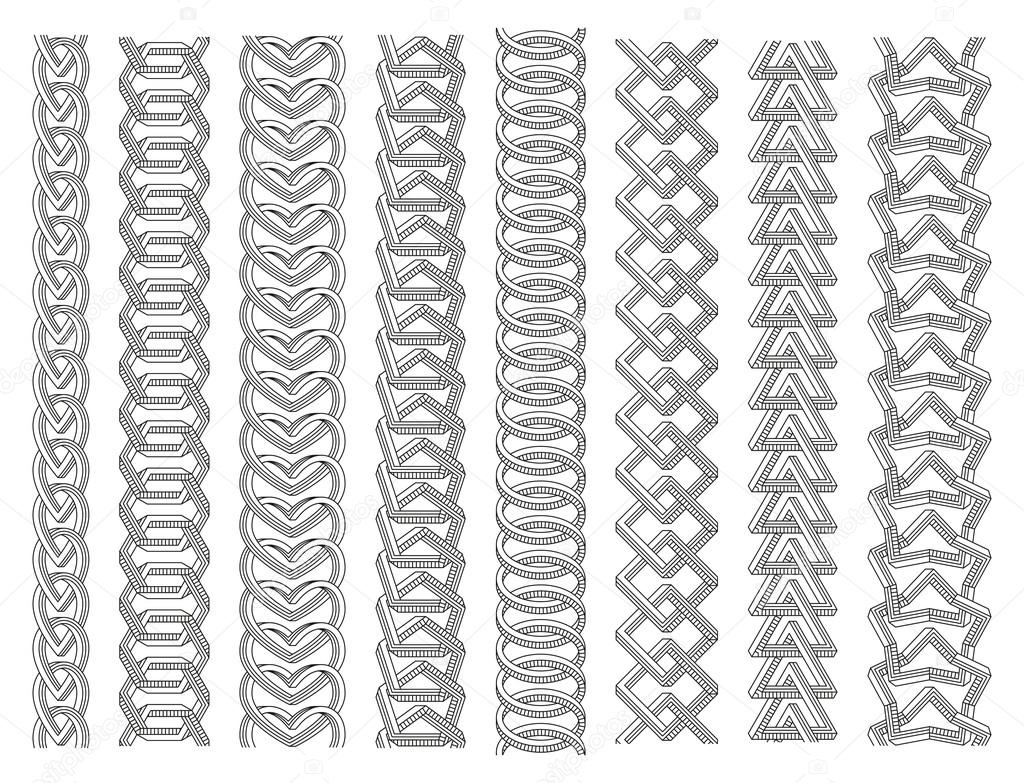 Geometrical border set. Chains made of impossible shapes. Line art. Vector illustration.