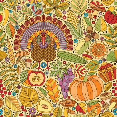 Şükran günü seamless modeli. Tasarım için çeşitli öğeleri. Çizgi film vektör çizim. Sonbahar arka plan