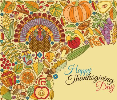 Şükran Günü tebrik kartı. Tasarım için çeşitli öğeleri. Çizgi film vektör çizim. Tatil arka plan.