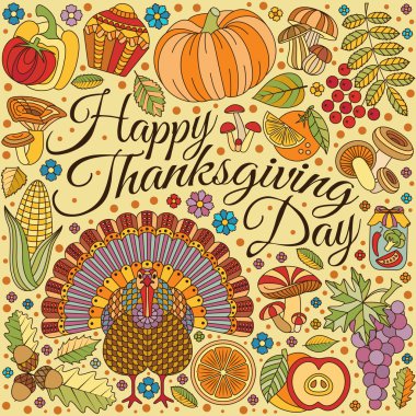 Şükran Günü tebrik kartı. Tasarım için çeşitli öğeleri. Çizgi film vektör çizim. Tatil arka plan.