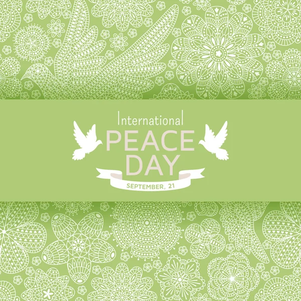 Mezinárodní den míru pozadí s ornamentální ptáků a květin. Vektorové ilustrace. — Stockový vektor